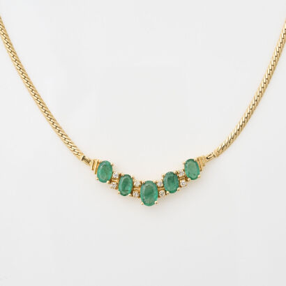 14ct Yellow Gold, 2.25ct Emerald and Diamond Necklace