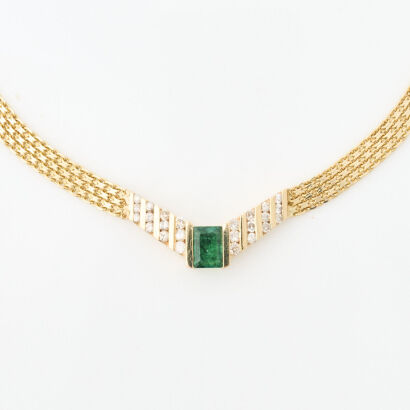 14ct Yellow Gold, 1.00ct Emerald and Diamond Necklace
