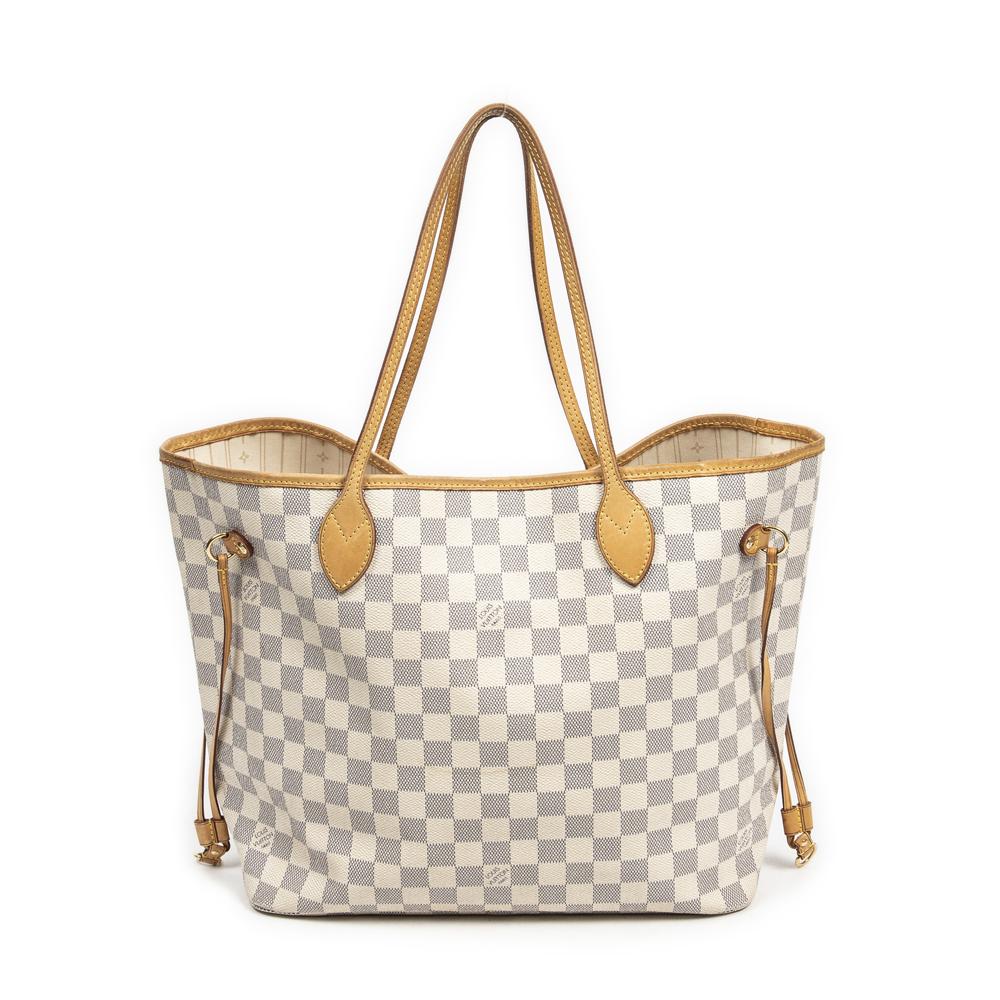 Louis Vuitton White and Beige Damier Azur Coated Canvas Neverfull mm Gold Hardware (Very Good), White/Beige Womens Handbag