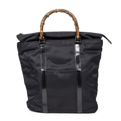 Gucci Canvas and Patent Leather Bamboo Handle Bag
