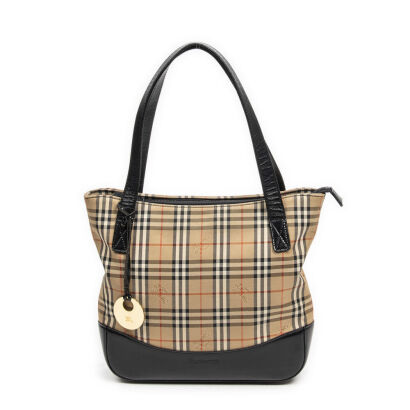 Burberry Checkered Canvas / Black Leather Zip Tote Bag