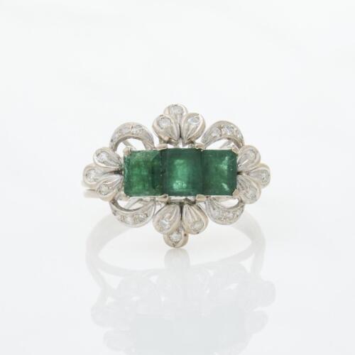 18ct White Gold, Vintage Emerald and Diamond Ring