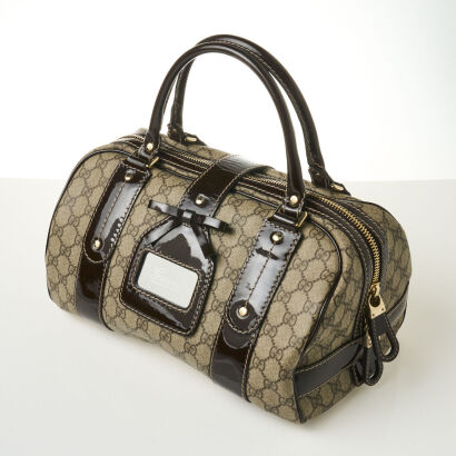 Gucci Coated Canvas Patent Boston Bag