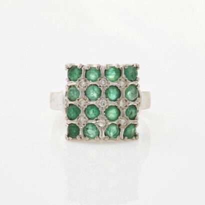 9ct White Gold, Vintage Emerald and Diamond Cluster Ring