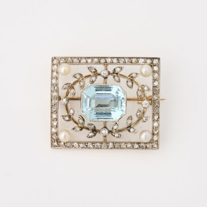 Elaborate Edwardian, 4.50ct Aquamarine, Diamond & Pearl Brooch