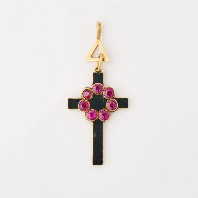 Antique, 18ct Yellow Gold Onyx and Synthetic Ruby Cross