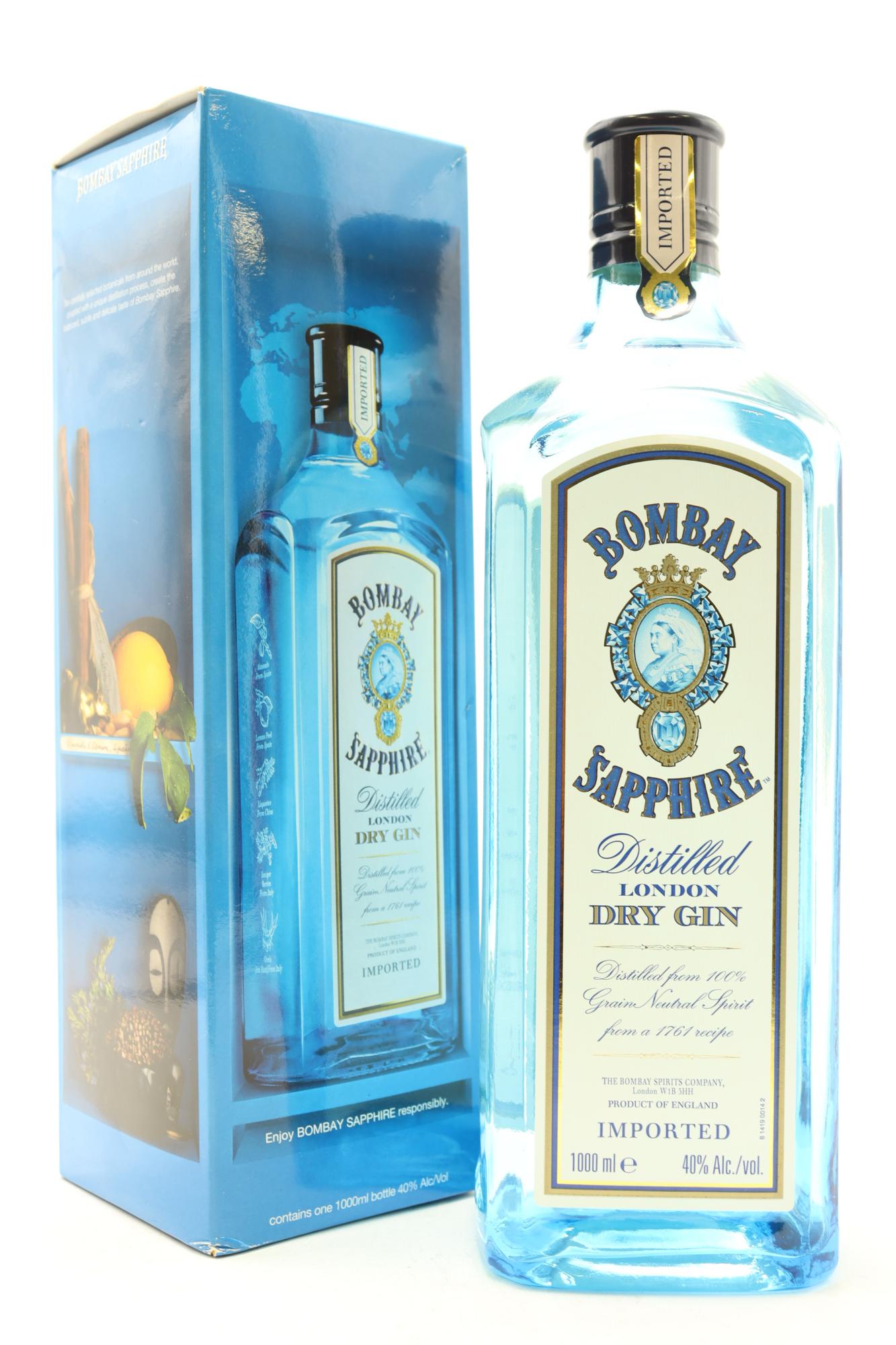 1) Bombay Sapphire London Dry 40% Gin, ABV, 1000ml (GB) England