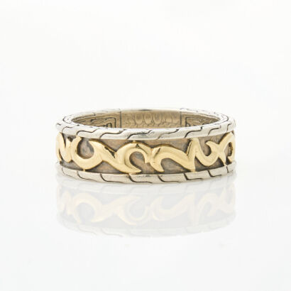 John Hardy, Sterling Silver Classic Chain Ring with 18ct Yellow Gold Accents