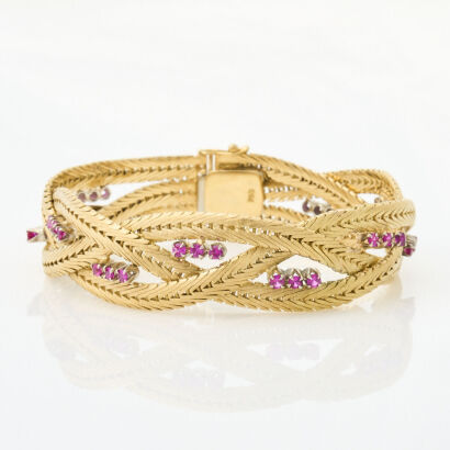 18ct Yellow Gold, Interwoven Plaited Stone Set Bracelet