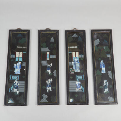 A Group of Four Chinese Qing-Dynasty Blue and White Porcelain-Inlaid Wooden Panels