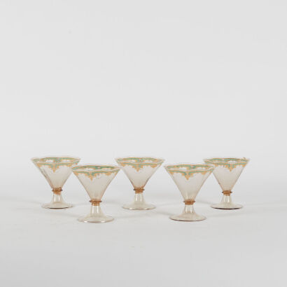 A Set Of Five Hand painted Crystal Parfait Glasses