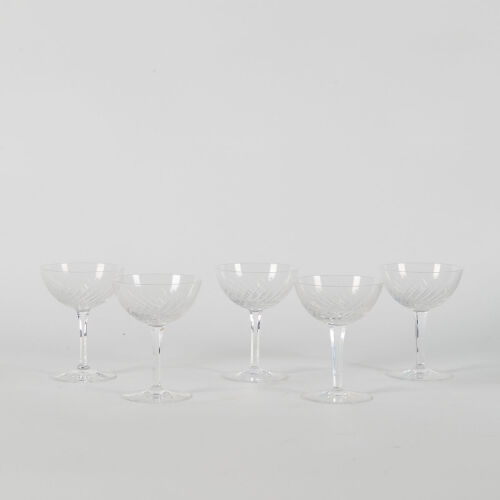 A Set Of Five Etched Vintage Champagne Coupes