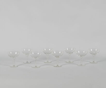 A Set Of Eight Etched Glass Vintage Hollow Stem Coupes