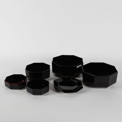 A Collection Of French Black Glass Geometric Dinnerware