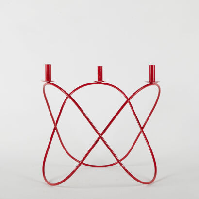 A Three Flame Red Metal Mid-Century Atomic Age Candelabra