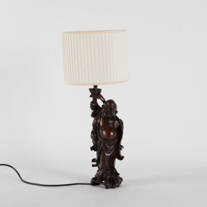 A Chinese Early 20th Century Hardwood Happy Budda Lamp