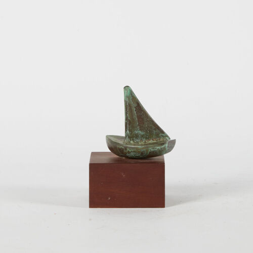 A Bronze Dinghy On A Wooden Plinth By Peter Oxborourgh