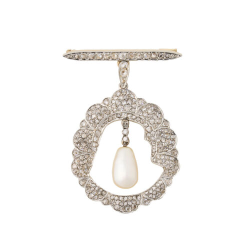 Platinum and 16ct Yellow Gold Diamond Pearl Brooch