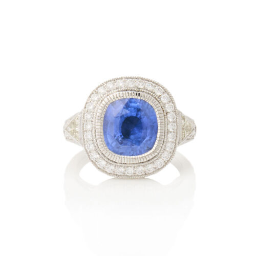 18ct White Gold, 6.06ct "no heat" Burmese Sapphire and 1.26ct Diamond Ring
