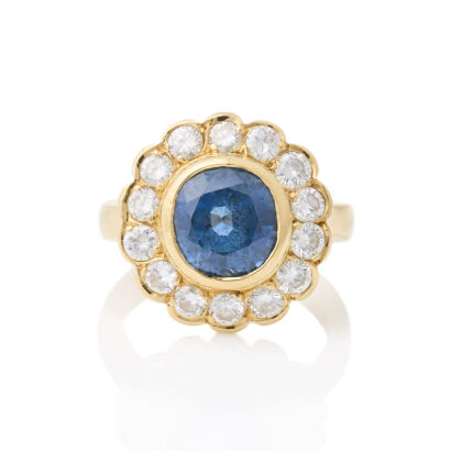 18ct Yellow Gold, Handmade 4.60ct Sapphire and Diamond Ring