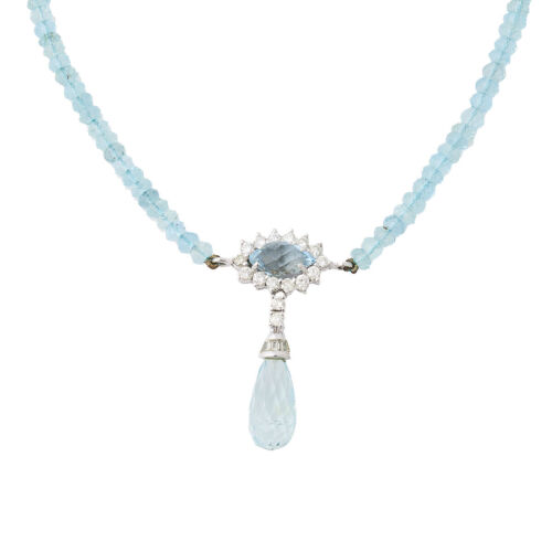 18ct White Gold, 11.76ct Aquamarine and Diamond Pendant and Bead Necklace