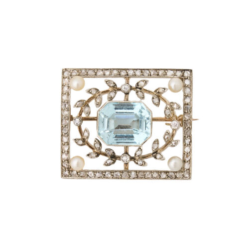 Elaborate Edwardian, 4.50ct Aquamarine, Diamond and Pearl Brooch