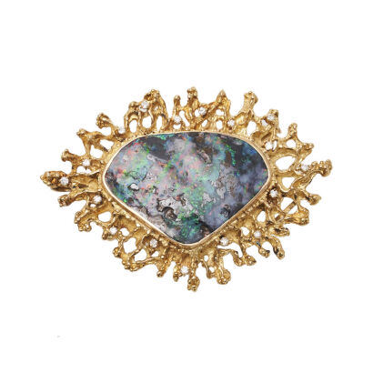 18ct Yellow Gold, Retro, Opal and Diamond Pendant / Brooch
