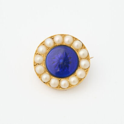 9ct Yellow Gold, Enamel and Seed Pearl Memorial Brooch