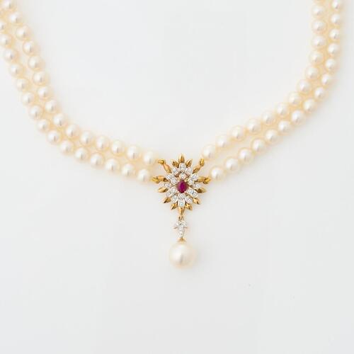 18ct Yellow Gold, 44cm Akoya Pearl, Ruby and Diamond Necklace