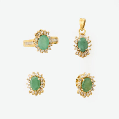 18ct Yellow Gold, Emerald and Diamond Set - Earrings/Ring/Pendant