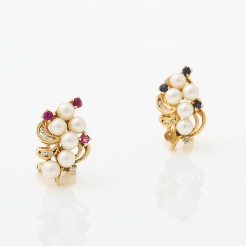 14ct Yellow Gold, Ruby, Sapphire and Pearl Earrings