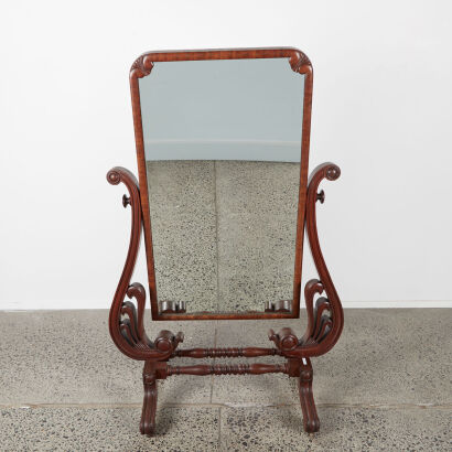 A Victorian Mahogany Cheval Mirror With Scroll Column Supports