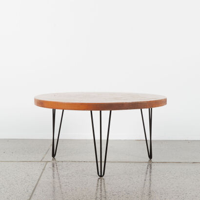 A Circular Reclaimed Kauri Coffee Table with Hairpin Legs