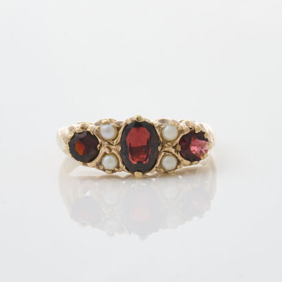 9ct Yellow Gold, Round Garnet and Seed Pearl Ring