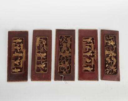 A Set Of Five Chinese Qing Dynasty Wooden Carved Panels