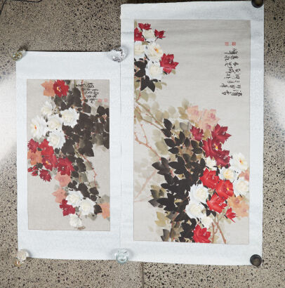 A Set Of Two Chinese Paintings With Flowers