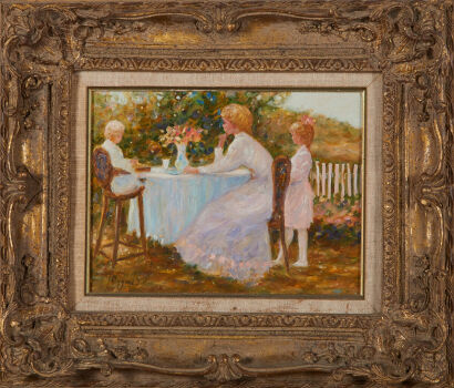 E J CYGNE Al Fresco Oil On Canvas With Antique Gold Gilt Frame C.1929