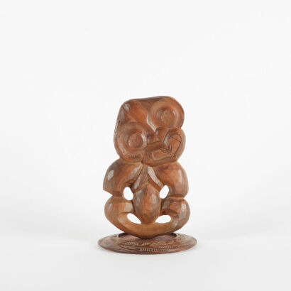 A New Zealand Folk Art Hand Carved Hei Tiki On Stand