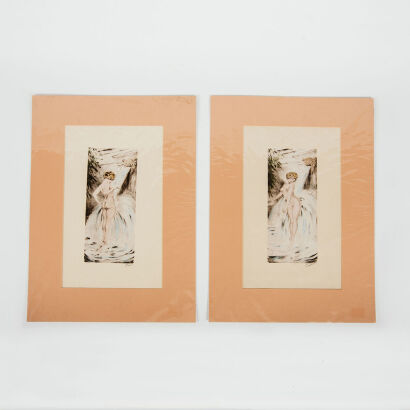 A Pair Of Original 1960s Etching Prints Of A Bathing Woman