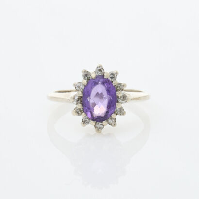 14ct White Gold, Vintage, .95ct Amethyst and Diamond Ring