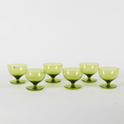 A Set Of Six Mid century French Chartreuse Green Glass Parfait Dishes