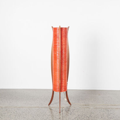 A Vintage Teak And Coral Red Spun Plastic Floor Lamp