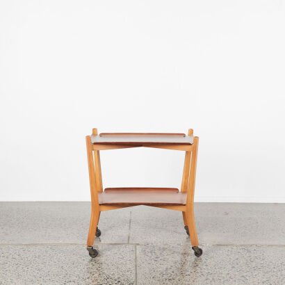 A Walnut And Beech Mid Century Two Tier Drinks Trolley