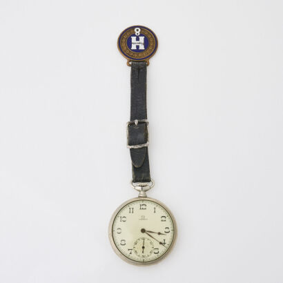 A Vintage Omega Pocket Watch with a Hupmobile Badge and Leather Strap