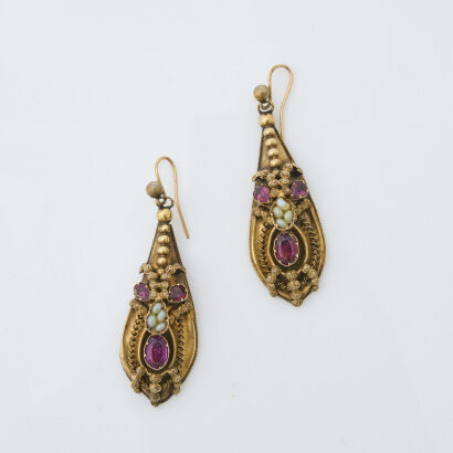 15ct Yellow Gold, Garnet and Seed Pearl Drop Earrings