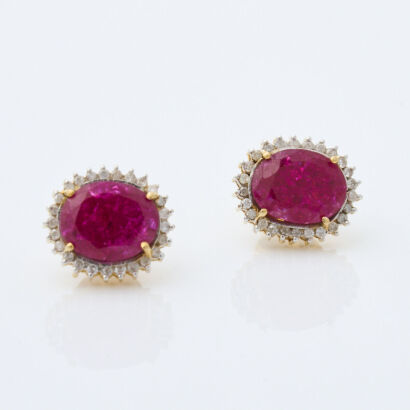 11ct Yellow Gold, 12.40mm x 10.20mm Synthetic Ruby and Diamond Earrings