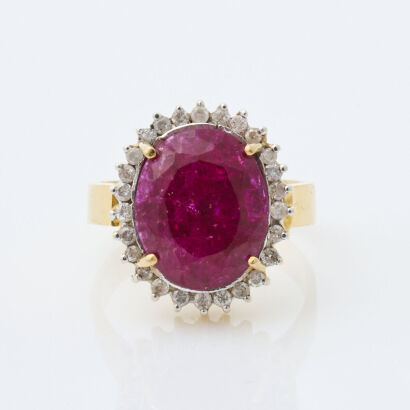 9ct Yellow Gold, 12.40mm x 10.20mm Synthetic Ruby and Diamond Ring