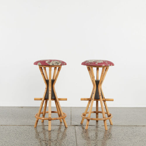 A Pair Of Mid-Century Cane Bar Stools