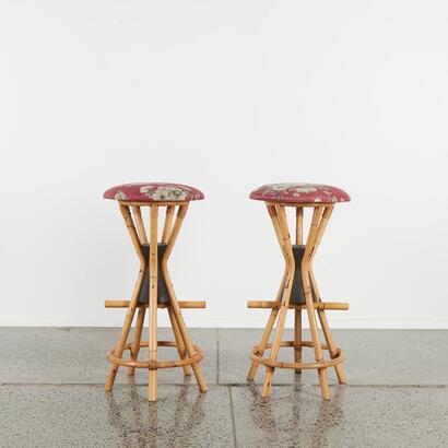 A Pair Of Mid-Century Cane Bar Stools