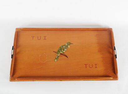 A Homemade Rimu Serving Platter With Paua Tui Inlay